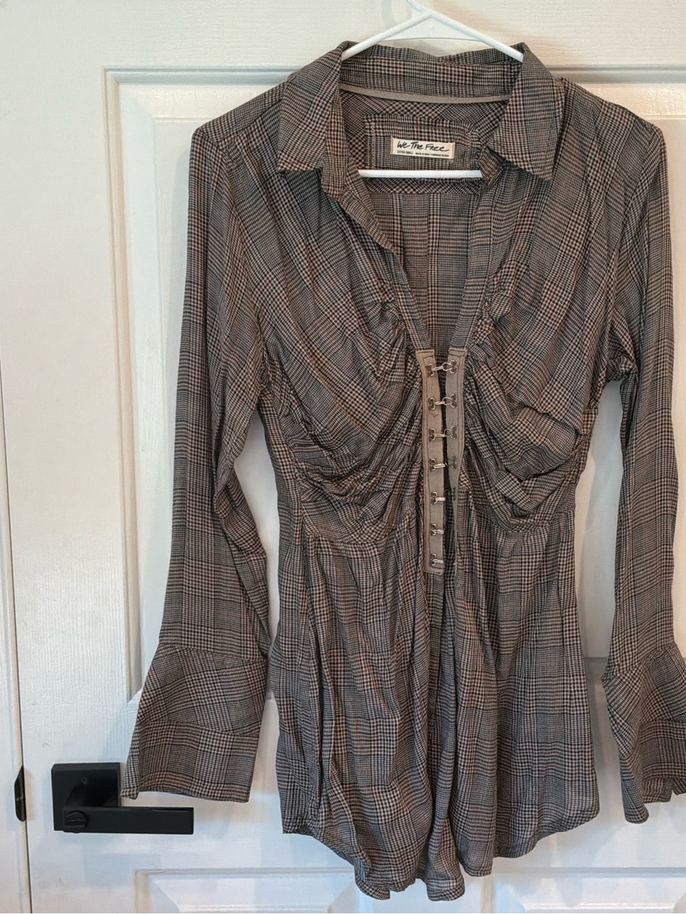 We The Free Brown Plaid Ruched Hook-and-Eye Long Sleeve Blouse